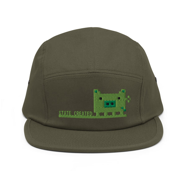 Pixel Pig embroidered on a five panel cap — olive, front