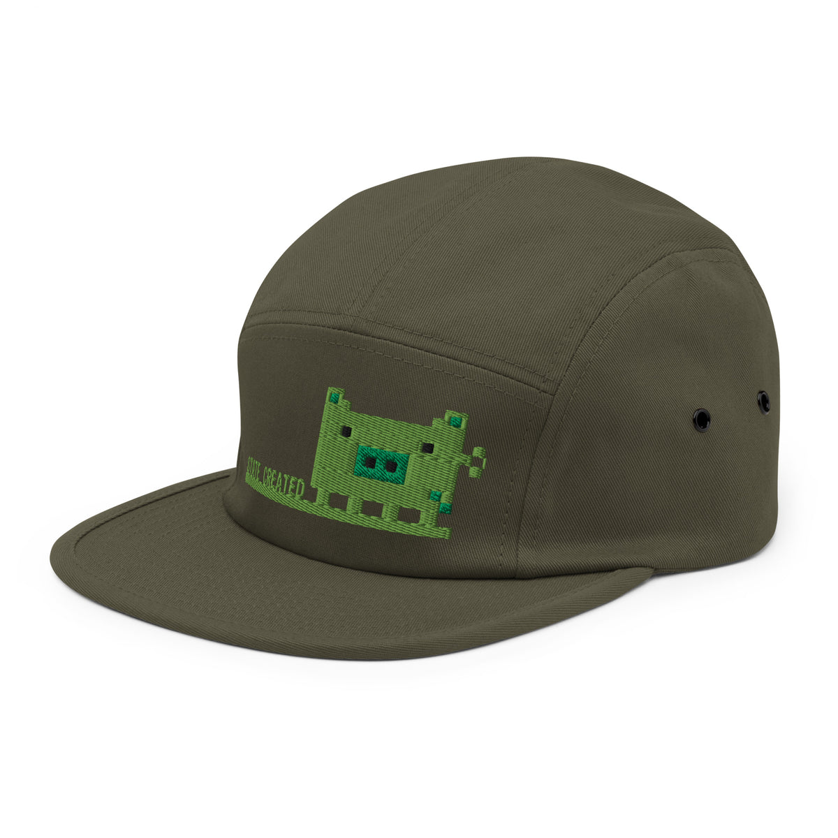 Pixel Pig embroidered on a five panel cap — olive, left side