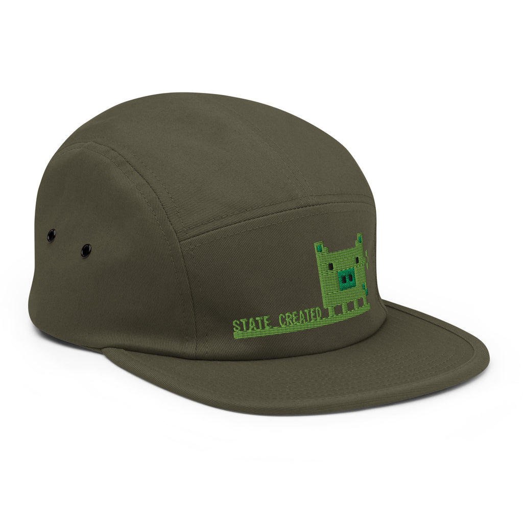 Pixel Pig embroidered on a five panel cap — olive, right side