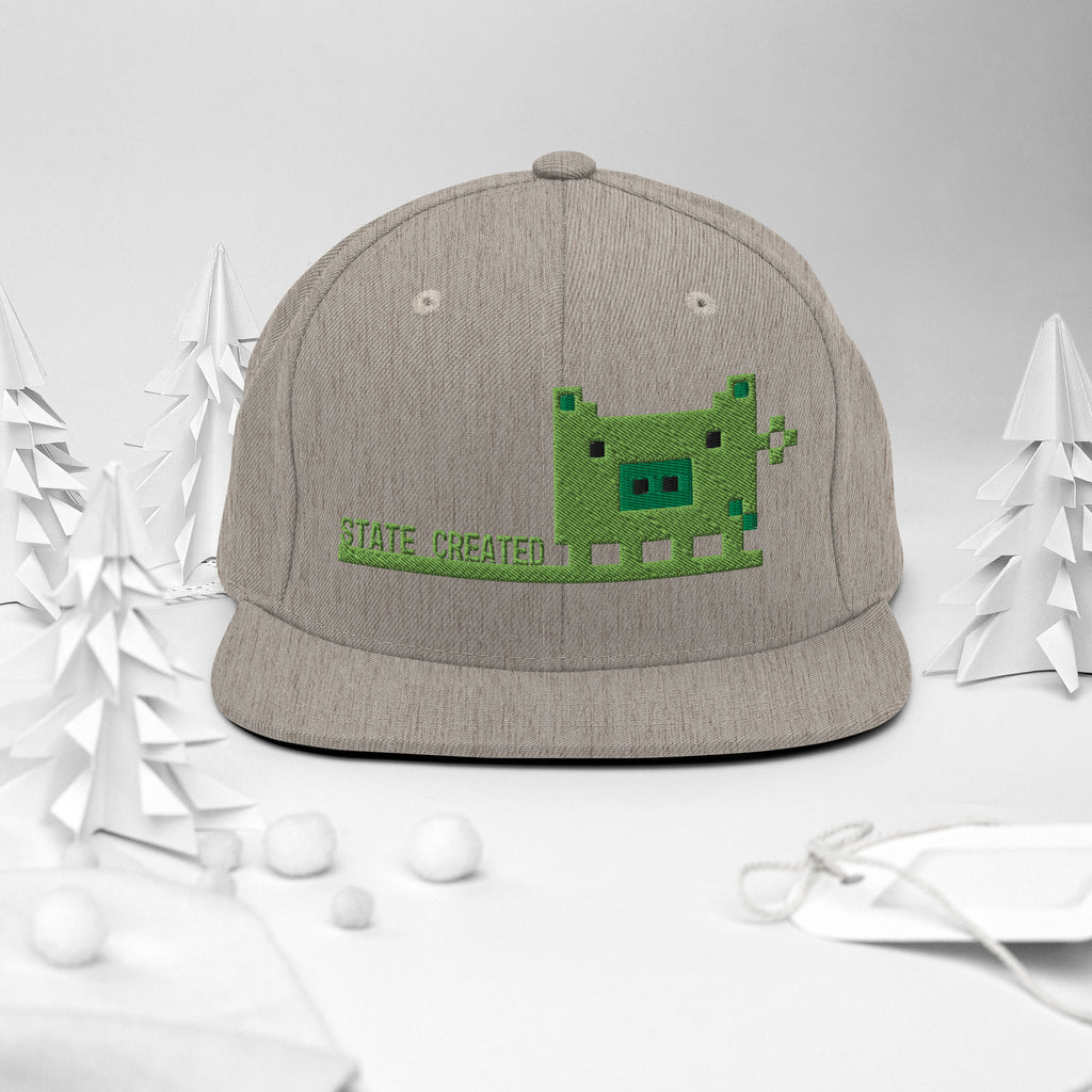 Pixel Pig embroidered on a snapback — heather grey, front angle