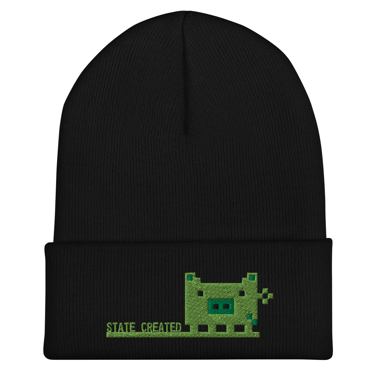 Pixel Pig embroidered on a cuffed beanie — black, front