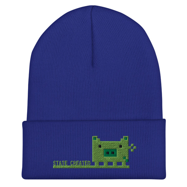 Pixel Pig embroidered on a cuffed beanie — royal, front