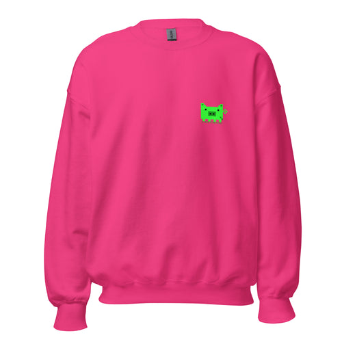 Pixel Pig chest print on a crew sweatshirt — heliconia, front