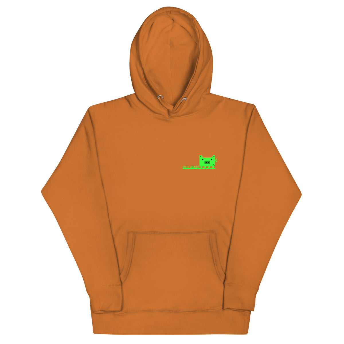 Pixel Pig chest print on a pullover hoodie — adobe, front