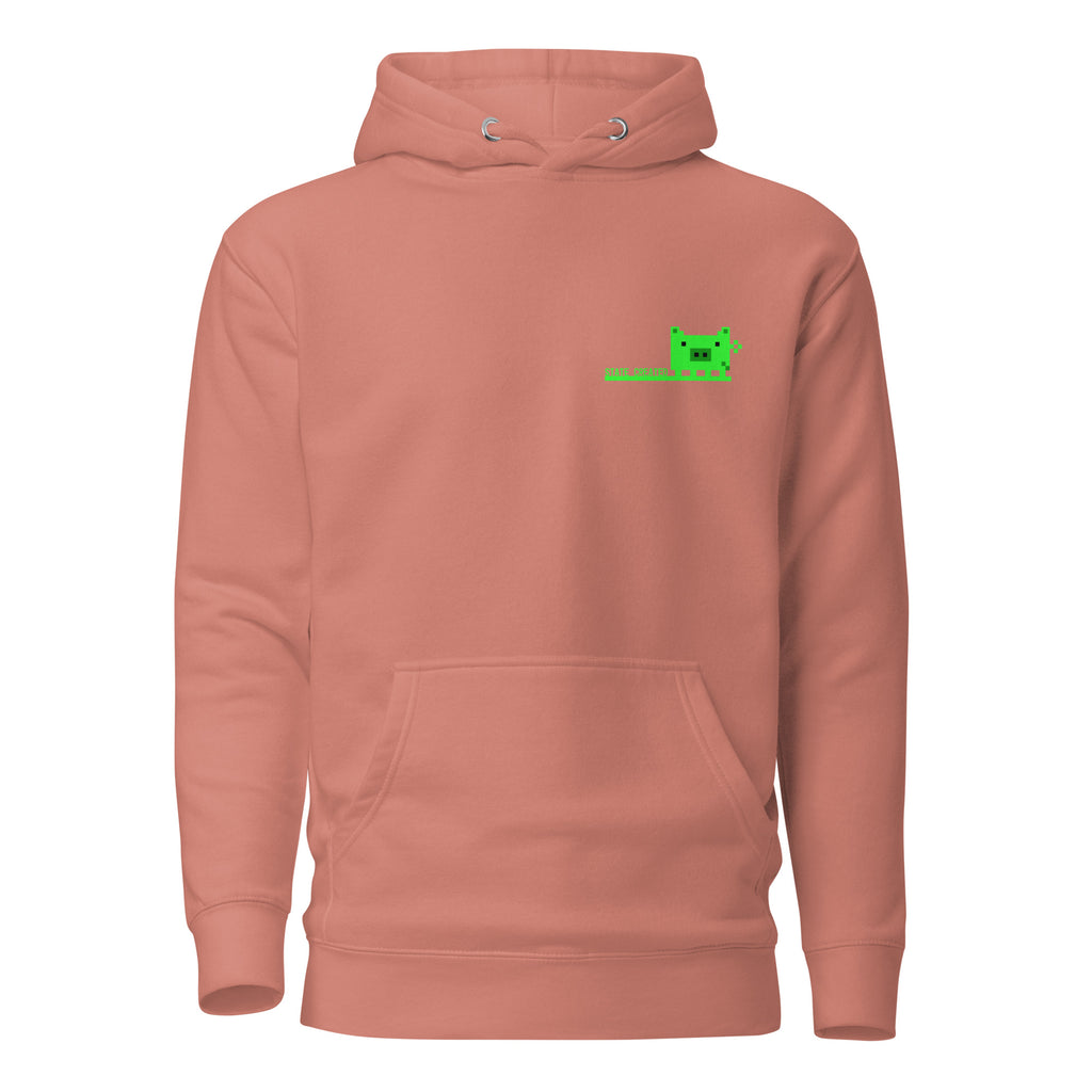 Pixel Pig chest print on a pullover hoodie — dusty rose, front