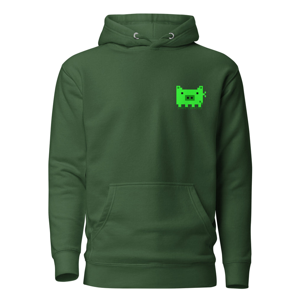 Pixel Pig chest print on a pullover hoodie — forest green, front