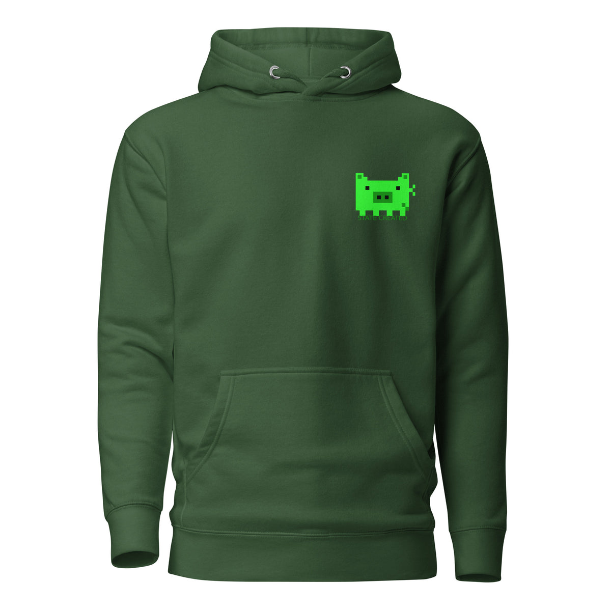 Pixel Pig chest print on a pullover hoodie — forest green, front