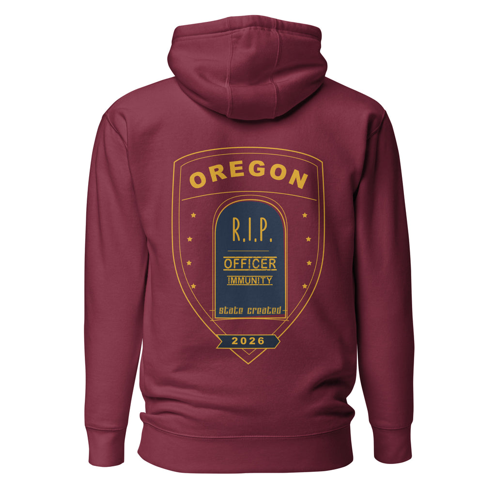 R.I.P. Officer Immunity on a pullover hoodie — maroon, back