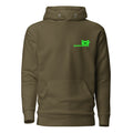 Pixel Pig chest print on a pullover hoodie — military green, front
