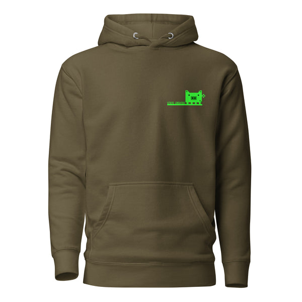Pixel Pig chest print on a pullover hoodie — military green, front