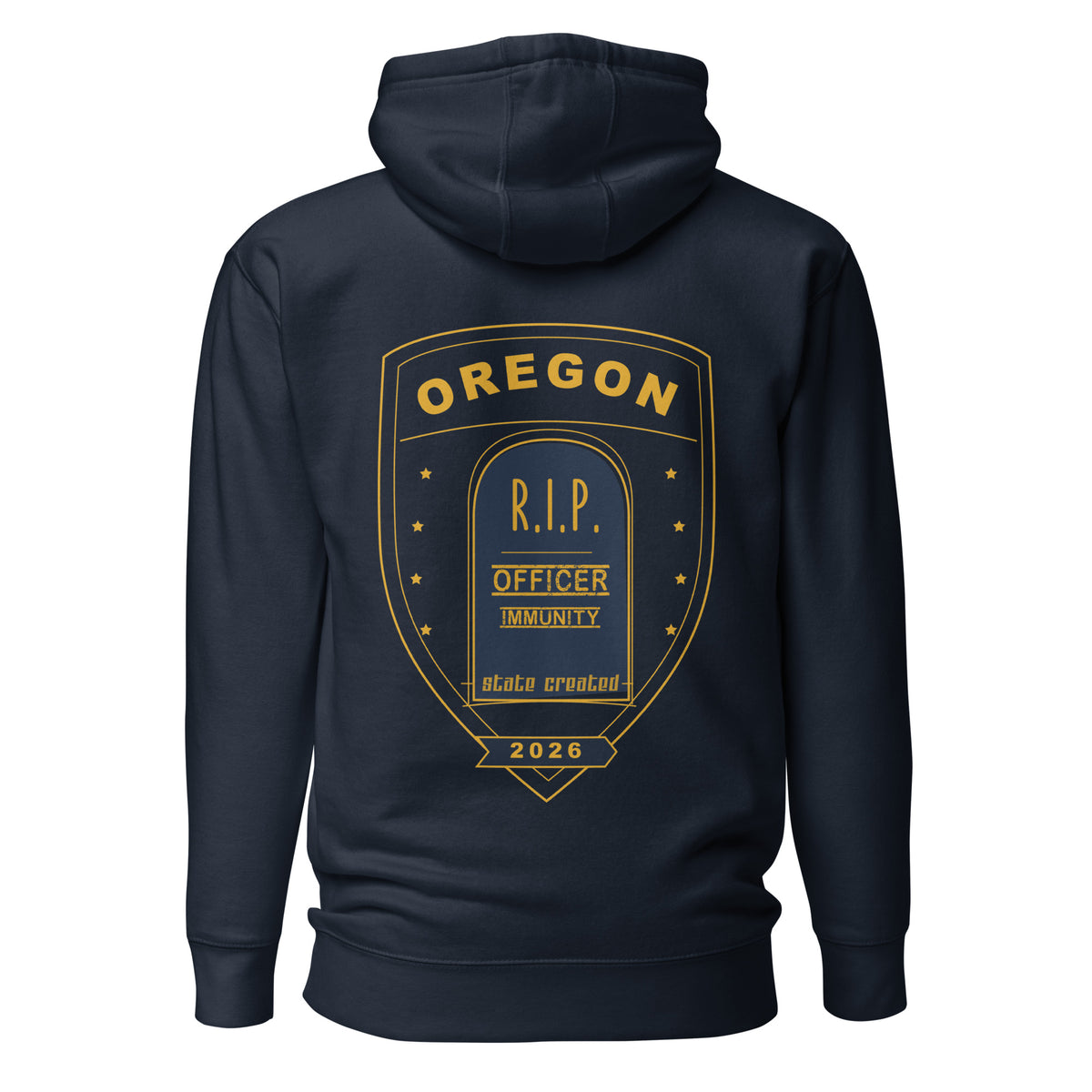 R.I.P. Officer Immunity on a pullover hoodie — navy blazer, back