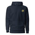 Sheriff's star chest print on a pullover hoodie — navy blazer, front
