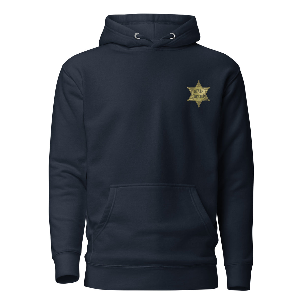 Sheriff's star chest print on a pullover hoodie — navy blazer, front