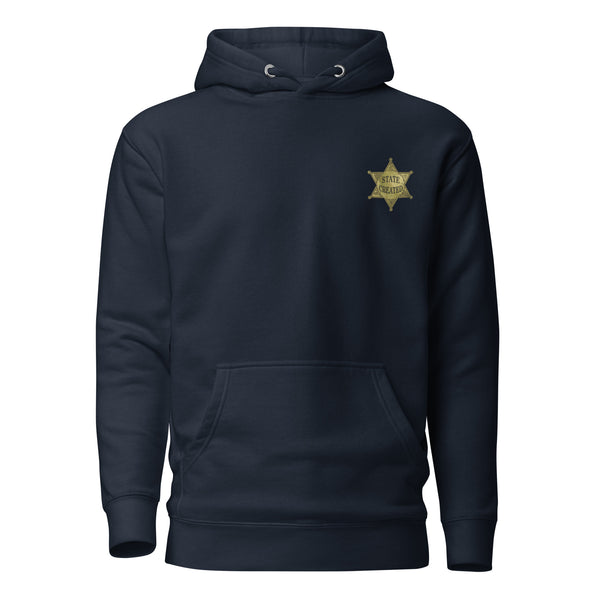 Sheriff's star chest print on a pullover hoodie — navy blazer, front