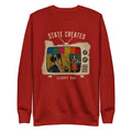 Oregon-shaped TV set comic art on a crew sweatshirt — cardinal, front