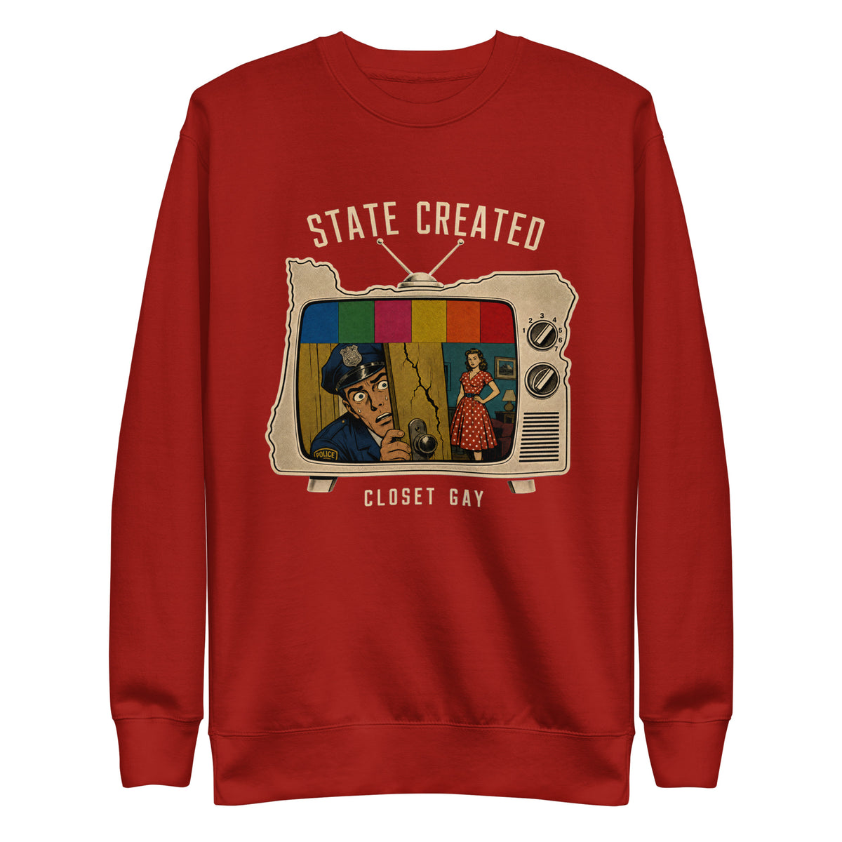 Oregon-shaped TV set comic art on a crew sweatshirt — cardinal, front