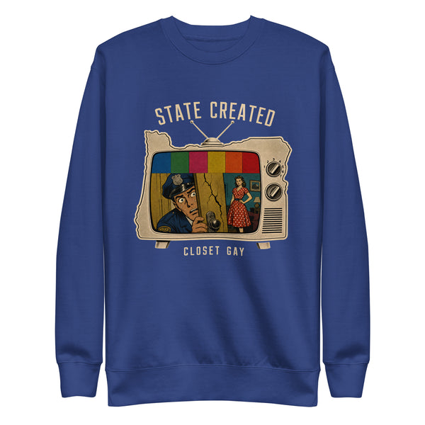 Oregon-shaped TV set comic art on a crew sweatshirt — team royal, front