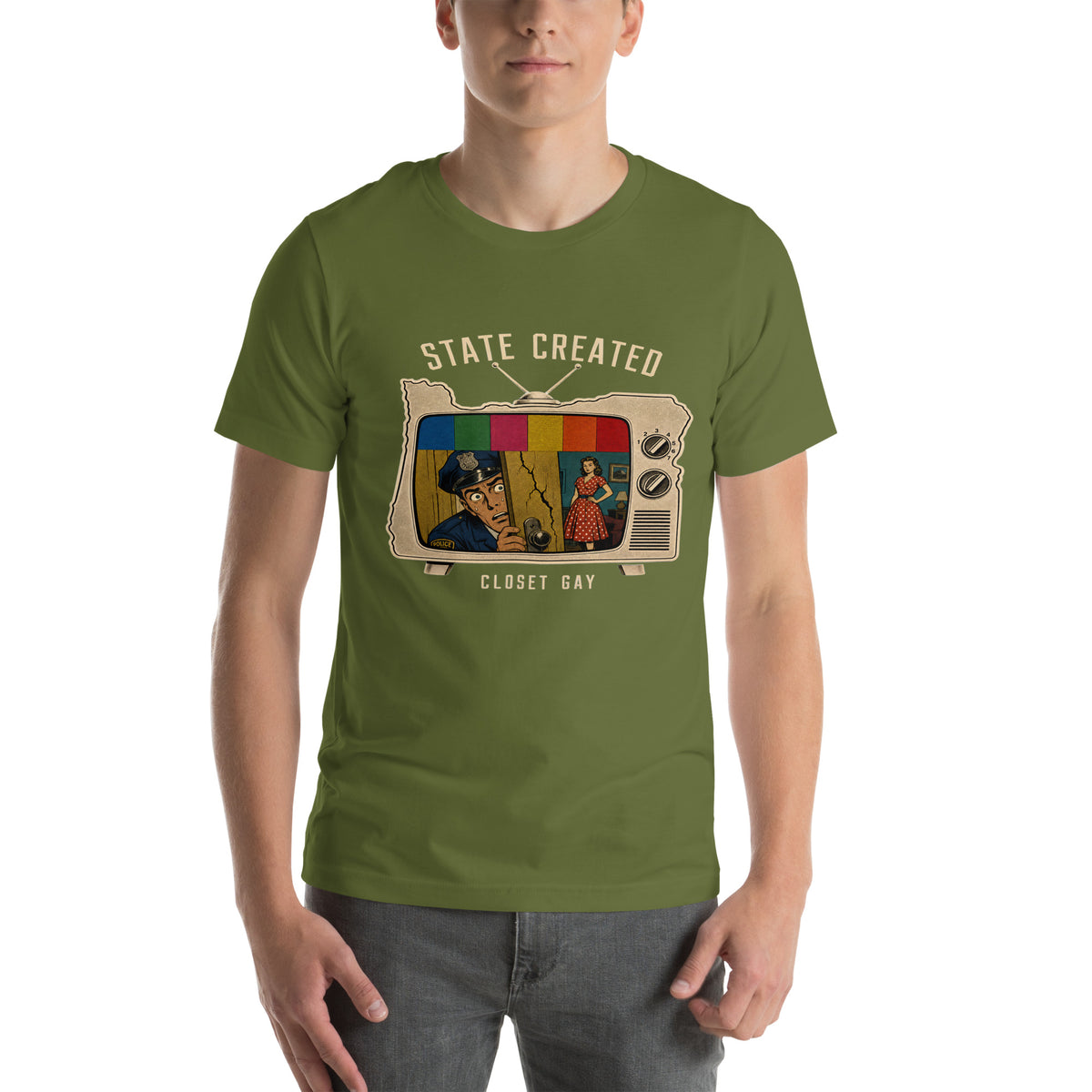 Oregon-shaped TV set comic art on a unisex tee — olive, front