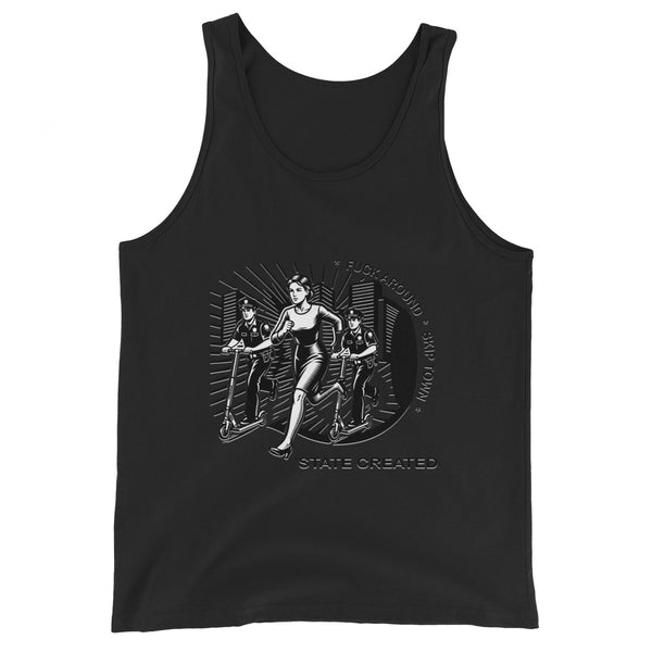 Fuck Around, Skip Town on a tank top — black, front