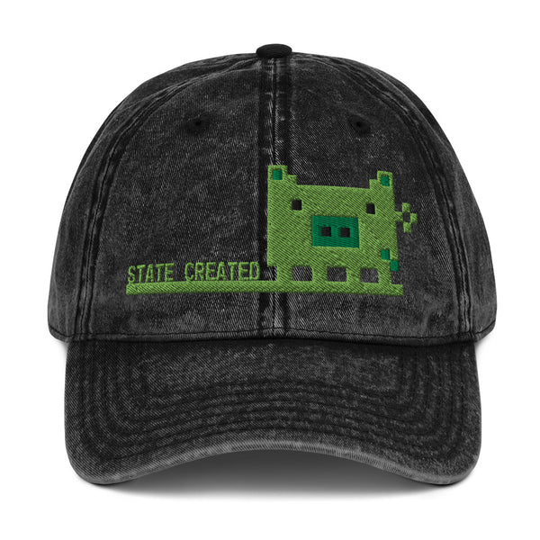 Pixel Pig embroidered on a washed twill vintage cap — black, front