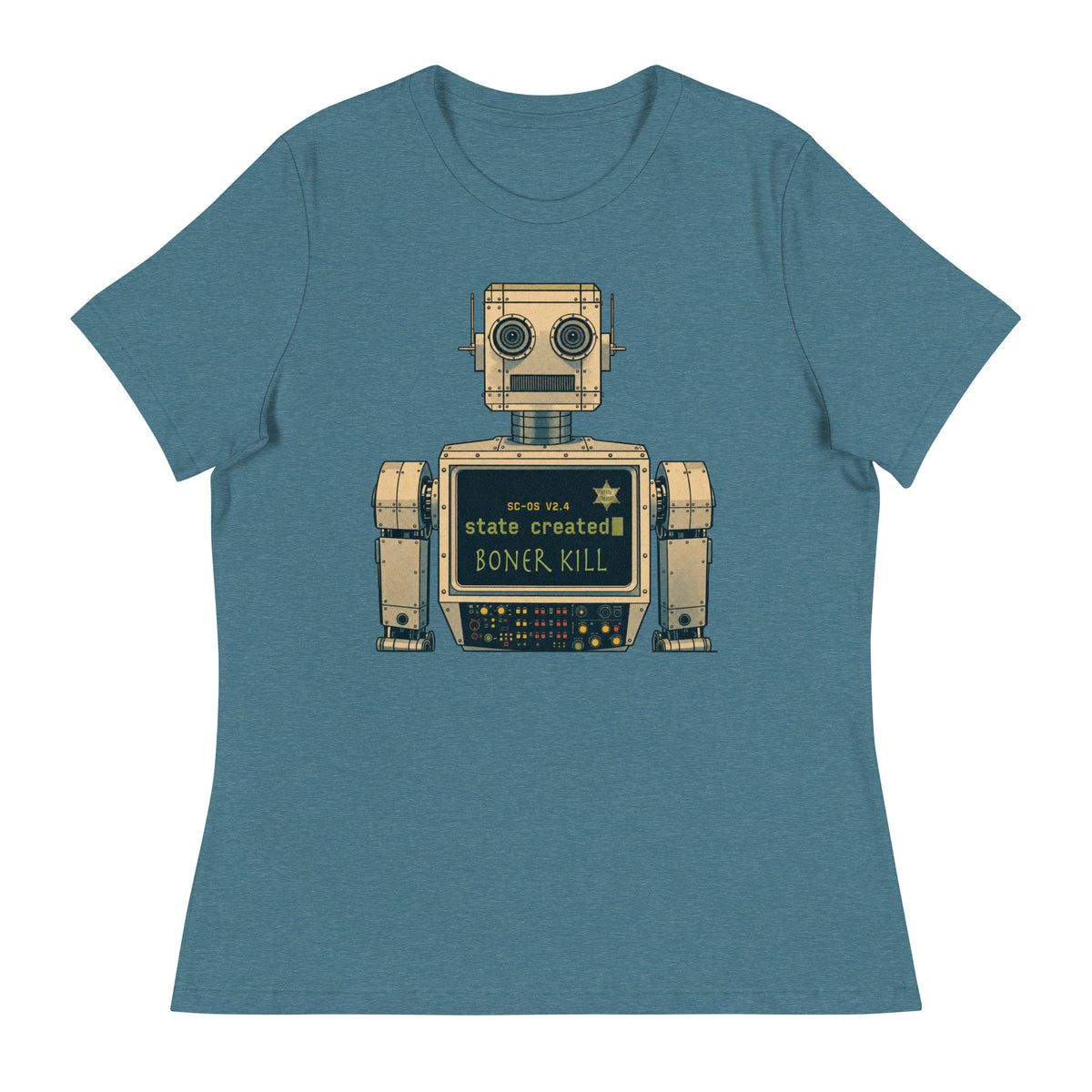 E.D. Phone Home on a women's relaxed tee — heather deep teal, front